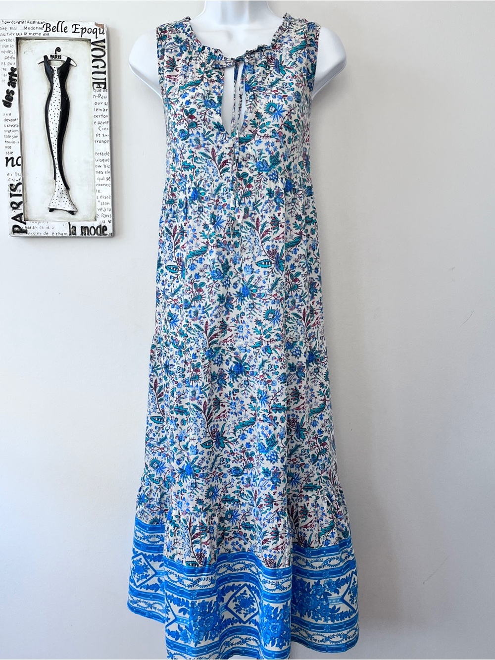 Tuckernuck 100% Cotton Blue and White Floral Sleeveless Tie-Neck Midi Dress Sz S